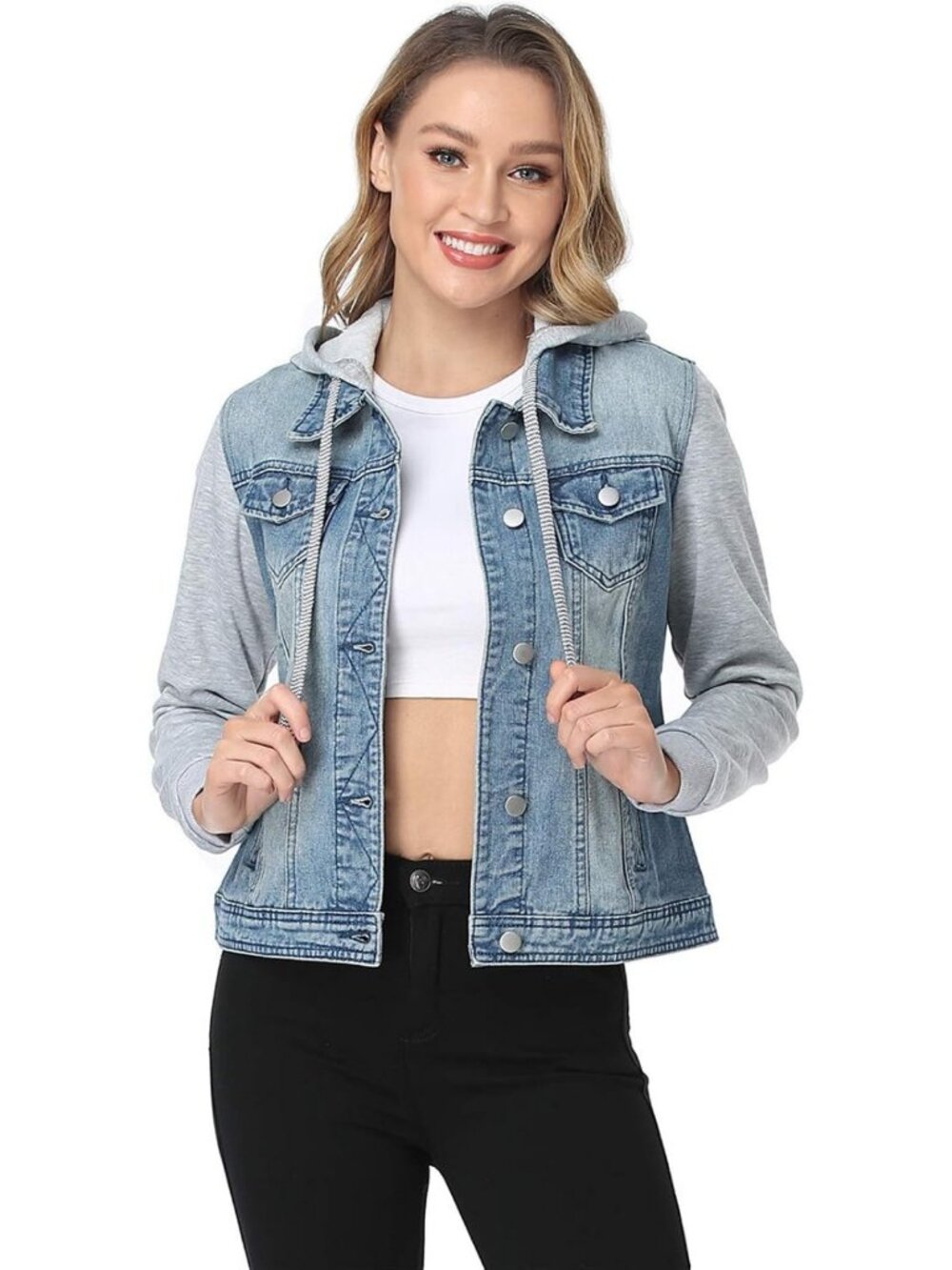 Layered Casual Hoodie Denim Jacket with Pockets for Women - Trendy Jean Coat